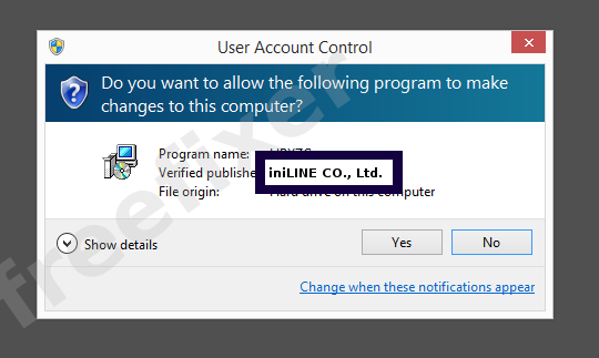 Screenshot where iniLINE CO., Ltd. appears as the verified publisher in the UAC dialog